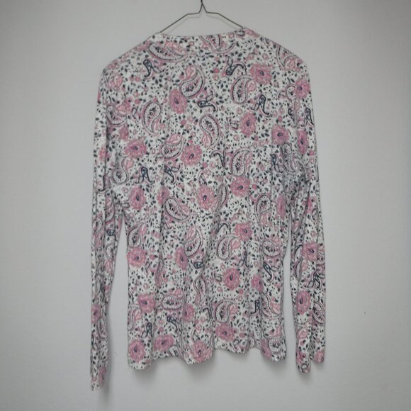 Chaps Ladies Cream/Blue/Pink Pasley V Neck with Ruffle Blouse - Picture 4 of 4